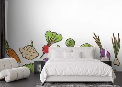 Colorful fresh organic vegetable horizontal background in line art style. Bright healthy vegetarian food vector illustration. Ripe vegetables, salads and herbs isolated on white Wall mural