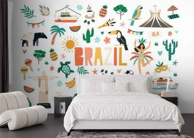 Colorful set of Brazilian culture and nature. Bundle of Brazil national symbols isolated on white background. Colored flat vector illustration of animals, plants, statues and food of Brasil Wall mural