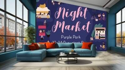 Colorful vertical poster for night market with a place for text. Many people walking and buying goods at nighttime fair. Urban street marketplace. Vector illustration in flat cartoon style Wall mural