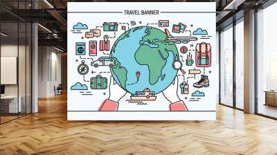 Concept of travel and tourism. Horizontal advertising banner with earth, globe, transport, things necessary traveler. Colorful vector illustration in lineart style. Wall mural