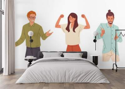 Confident people flat vector illustrations set. Presentation woman, college student and successful businesswoman. Girl celebrating victory, flirting man. Office workers, young team cartoon characters. Wall mural