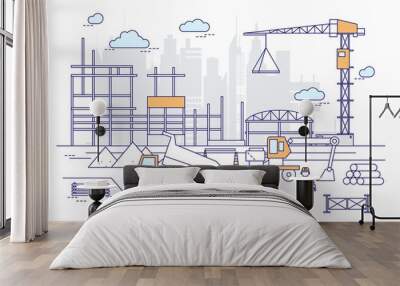 Construction site or area with constructed building, crane, excavator, dump truck, engineer wearing hard hat against silhouettes of skyscrapers on background. Vector illustration in line art style. Wall mural