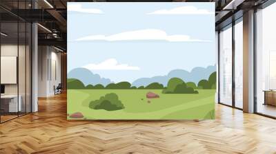 Countryside landscape with green grass, trees, sky horizon and clouds. Rural summer scenery with grassland, panoramic view. Calm nature panorama. Country environment. Flat vector illustration Wall mural