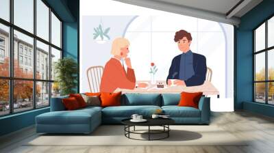 Couple of young man and woman sitting and talking in modern cafe on date. Meeting of two people for cup of coffee in cafeteria. Colored flat vector illustration isolated on white background Wall mural