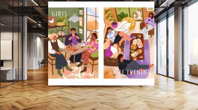 Cozy home party with friends, cards set. Young people gathering together indoors, leisure time. Characters enjoying food, tea, fun in hygge house, apartment, vertical posters. Flat vector illustration Wall mural