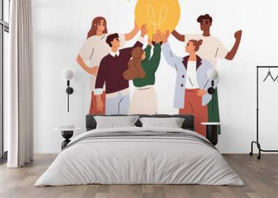 Creative business team and lightbulb. Work under brilliant idea, brainstorming, finding solution concept. Group collaboration, teamwork. Flat graphic vector illustration isolated on white background Wall mural