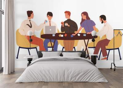 Creative business team sitting at table and planning strategy with sticky notes. Project discussion. Smiling office workers on briefing, brainstorm. Vector illustration in flat cartoon style. Wall mural