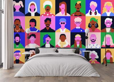 Creative face avatars set. Abstract male, female characters in modern trendy style. Colorful quirky head portraits, group. Diverse stylish people, fashion men, women. Colored flat vector illustration Wall mural