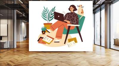 Creative writer with laptop and scattered papers around. Female author working with copies and computer. Woman creating, composing and writing. Flat vector illustration isolated on white background Wall mural