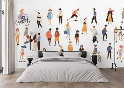 crowd of people performing summer outdoor activities - walking dogs, riding bicycle, skateboarding.  Wall mural