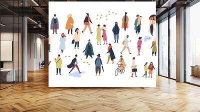 Crowd of tiny people dressed in autumn clothes or outerwear walking on street and performing outdoor activities. Group of men and women isolated on white background. Flat cartoon vector illustration. Wall mural