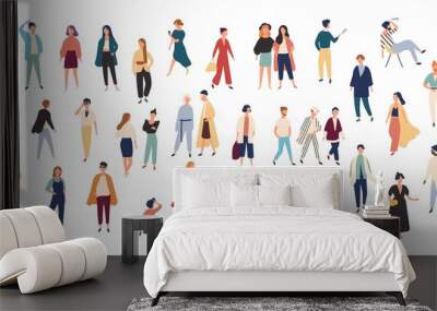 crowd of tiny people wearing stylish clothes. fashionable men and women at fashion week. group of ma Wall mural