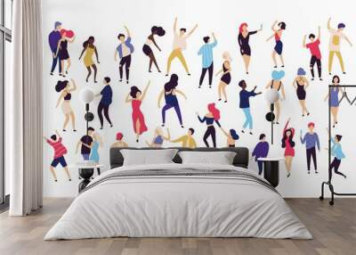 Crowd of young men and women dressed in trendy clothes dancing at club or music concert. Large group of male and female cartoon characters having fun at party. Flat colorful vector illustration. Wall mural