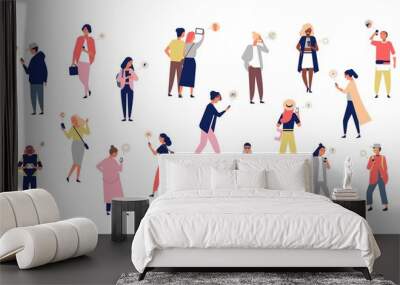 Crowd of young men and women holding smartphones and texting, talking, listening to music, taking selfie. Group of male and female cartoon characters with mobile phones. Flat vector illustration. Wall mural