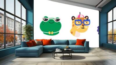 Cute animal characters, funny head portraits set. Modern cool sassy avatars. Happy funky fashion stylish giraffe, frog, cat, dog, monkey faces. Flat vector illustrations isolated on white background Wall mural