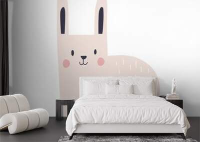 Cute baby hare in Scandinavian style. Happy funny forest animal, lovely rabbit. Amusing bunny. Adorable sweet kids character. Scandi childish flat vector illustration isolated on white background Wall mural