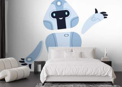 Cute childish metal robot toy gesturing hi. Happy funny kids bot with smiling face. Portrait of adorable humanoid cyborg machine. Colored flat cartoon vector illustration isolated on white background Wall mural