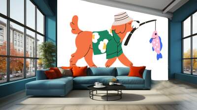 Cute dog walking, carrying with fishing rod, angler. Funny doggy in panama, summer clothes, puppy, canine fisher with fish. Childish kids flat graphic vector illustration isolated on white background Wall mural