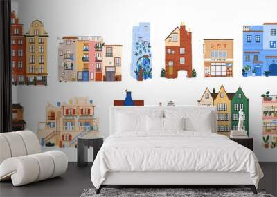 Cute European buildings set. Cozy urban house exteriors of old city in Scandinavia, Holland, Europe, Morocco. Architecture of different countries. Flat vector illustration isolated on white background Wall mural