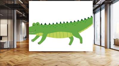 Cute friendly green crocodile with raised tail. Side view of happy smiling alligator isolated on white background. African wild gator. Childish colored flat cartoon vector illustration Wall mural