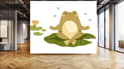 cute frog in meditation pose. funny foggy relaxing on leaf in zen yoga position. happy baby animal c Wall mural