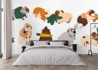 Cute funny guinea pigs set. Adorable baby animals, little rodents. Kawaii small pets. Comic amusing cuddly cavies eating, sleeping. Childish flat vector illustrations isolated on white background Wall mural