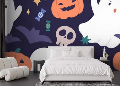 Cute Halloween pattern design with kid ghosts, pumpkins, skulls print. Seamless repeating holiday background with phantoms, spooks. Endless Helloween texture. Colored flat graphic vector illustration Wall mural