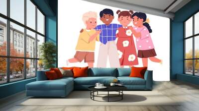 Cute happy kids hugging, smiling, standing together. Diverse children group portrait. Excited joyful little girls and boys, best friends. Flat vector illustration isolated on white background Wall mural