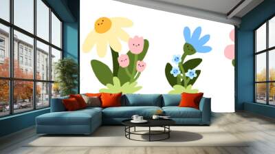 Cute kawaii flowers with happy smiling faces set. Adorable funny spring floral plants with emotions in childish naive style. Kids childlike flat vector illustrations isolated on white background Wall mural