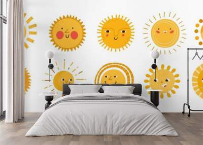 Cute sun flat vector illustrations set. Yellow childish sunny emoticons collection. Smiling sun with sunbeams cartoon character isolated on white background. T shirt print design element. Wall mural