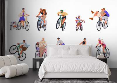 Cycling characters set. Happy people riding bicycles. Active cyclists on bikes. Men, women, kids enjoying summer sports activity, pedaling. Flat vector illustration isolated on white background Wall mural