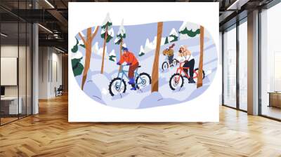 Cyclists travel in winter forest in snow. People riding mountain bikes in nature in cold weather. Friends on bicycles outdoors. Extreme sport. Flat vector illustration isolated on white background Wall mural