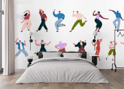 Dancing people set. Happy man and woman having fun at party. Excited joyful young characters moving, energetic positions. Disco movements. Flat vector illustrations isolated on white background Wall mural