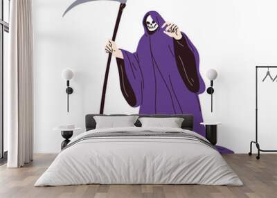 Death with scythe. Halloween dead character costume. Person disguised in scary creepy spooky reaper with skull face for October holiday carnival. Flat vector illustration isolated on white background Wall mural