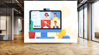 Desktop computer with group of colleagues taking part in video conference. Software for videoconferencing and online communication. Virtual work meeting. Modern vector illustration in flat style. Wall mural