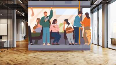 Different cartoon people go by public transport vector flat illustration. Crowd of passengers characters inside city bus. Colored man and woman at train interior Wall mural