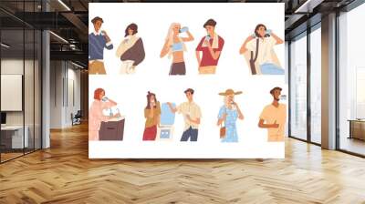 Different people drinking water from a glass, bottle, fountain, cooler, tap, filter. Man and woman quenching thirst isolated on white background. Vector illustration in flat cartoon style Wall mural