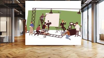 Director, cameraman, actors at film-making process. People with cameras of video production industry, recording movie in studio. Flat vector illustration of TV staff isolated on white background Wall mural