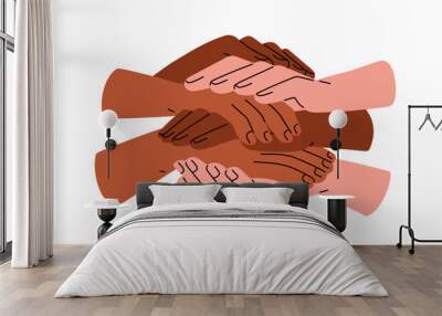 Diverse hands stack, pile of people group, international team, partners together. Unity, multi-ethnic partnership, trust, support concept. Flat vector illustration isolated on white background Wall mural