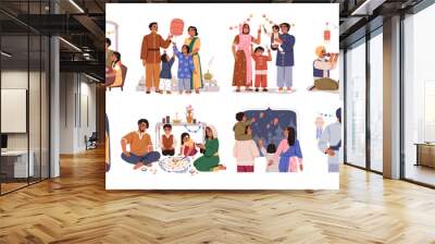 Diwali celebration set. Indian family with festive lights, decorations. Happy mom, dad, kids celebrate Deepavali in India together, Hindu holiday. Flat vector illustration isolated on white background Wall mural