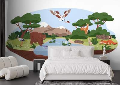 Ecosystem, biodiversity concept. Different forest habitats, carnivore animals, birds in wild environment, nature. Wildlife, fauna diversity. Flat vector illustration isolated on white background Wall mural