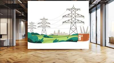 Electric power lines transmitting electricity to city. High voltage transmission cables, suspended wires, towers. Powerlines delivering energy. Flat vector illustration isolated on white background Wall mural