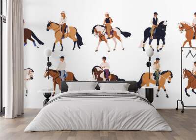 Equestrians riding horse backs set. Horseback riders in helmets on equine saddles. Men, women during horseriding, walking, trotting, galloping. Flat vector illustrations isolated on white background Wall mural