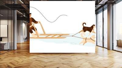 Eskimo man riding husky dog sled. Musher in winter alaskan clothes with whip in sleigh. Traditional mushing race. Flat vector cartoon illustration isolated on white background Wall mural