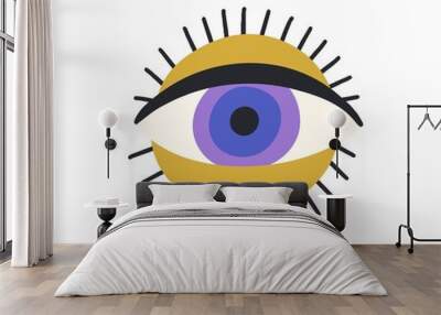 Esoteric magic eyeball over sun circle. Spiritual Ra eye in doodle style. Modern abstract symbol of ancient God watching. Colored flat vector illustration isolated on white background Wall mural