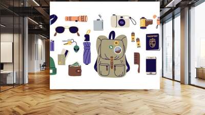 Everyday carry stuff for travel. Tourist bag and accessories set. Backpack content, essentials, things, supplies and equipment. Flat graphic vector illustration of EDC isolated on white background Wall mural