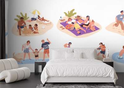 Family activities, beach vacation. Happy parents, children at sea resort on summer holiday travel. Mother, father, kids, active fun and recreation Flat vector illustration isolated on white background Wall mural