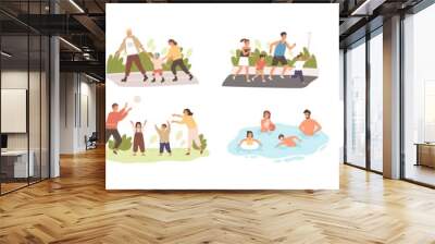 Family activities flat vector illustrations set. Happy childhood, active recreation. Happy parents and children cartoon characters pack. Outdoor games, football, roller skating, jogging and cycling. Wall mural