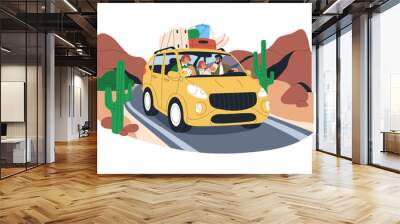 Family travel by car. Parents, kid in road trip, holiday adventure. Happy mother, father and child eating food in auto, summer vacation. Flat graphic vector illustration isolated on white background Wall mural