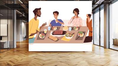 Family with kids eating home food at dining table. Father, mother and children at dinner. Happy parents, son and daughter enjoying meal with meat. Flat vector illustration isolated on white background Wall mural